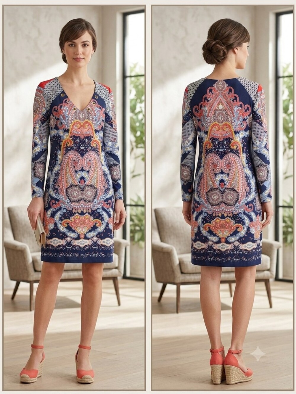 MSK Navy and Coral Paisley-Print 3/4 Sleeve V-Neck Dress